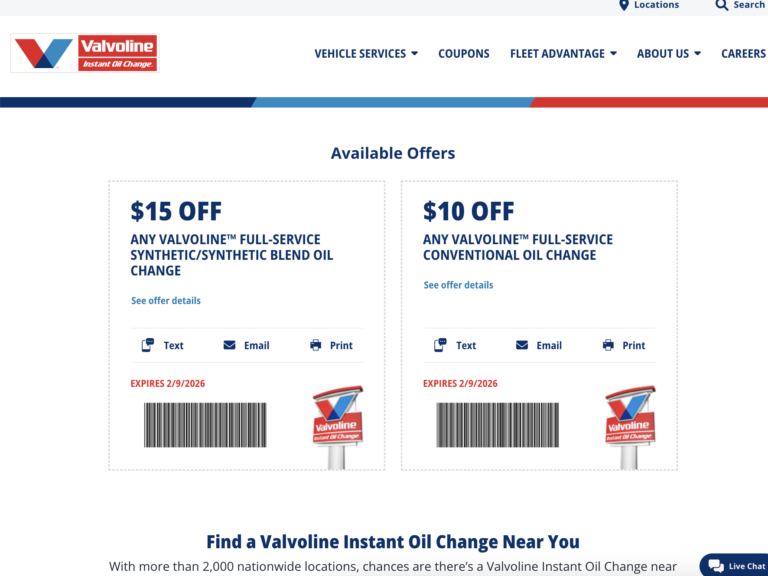 Valvoline Oil Change Coupons